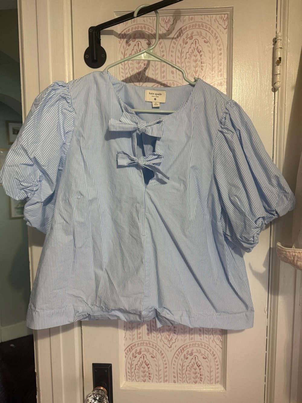 Kate Spade New York Light Blue Striped Bow Front Puff Sleeve Blouse